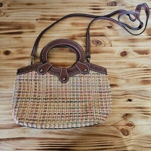 Vintage Fossil Multicolor Woven Handbag with Brown Leather Accents